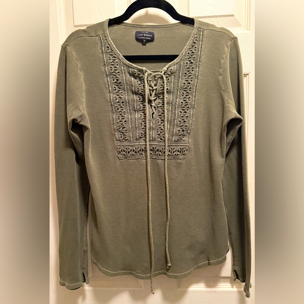 Lucky Brand Olive Lace-Up Blouse